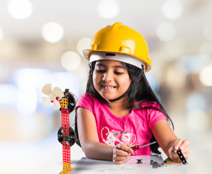 Girl playing with robotic windmill